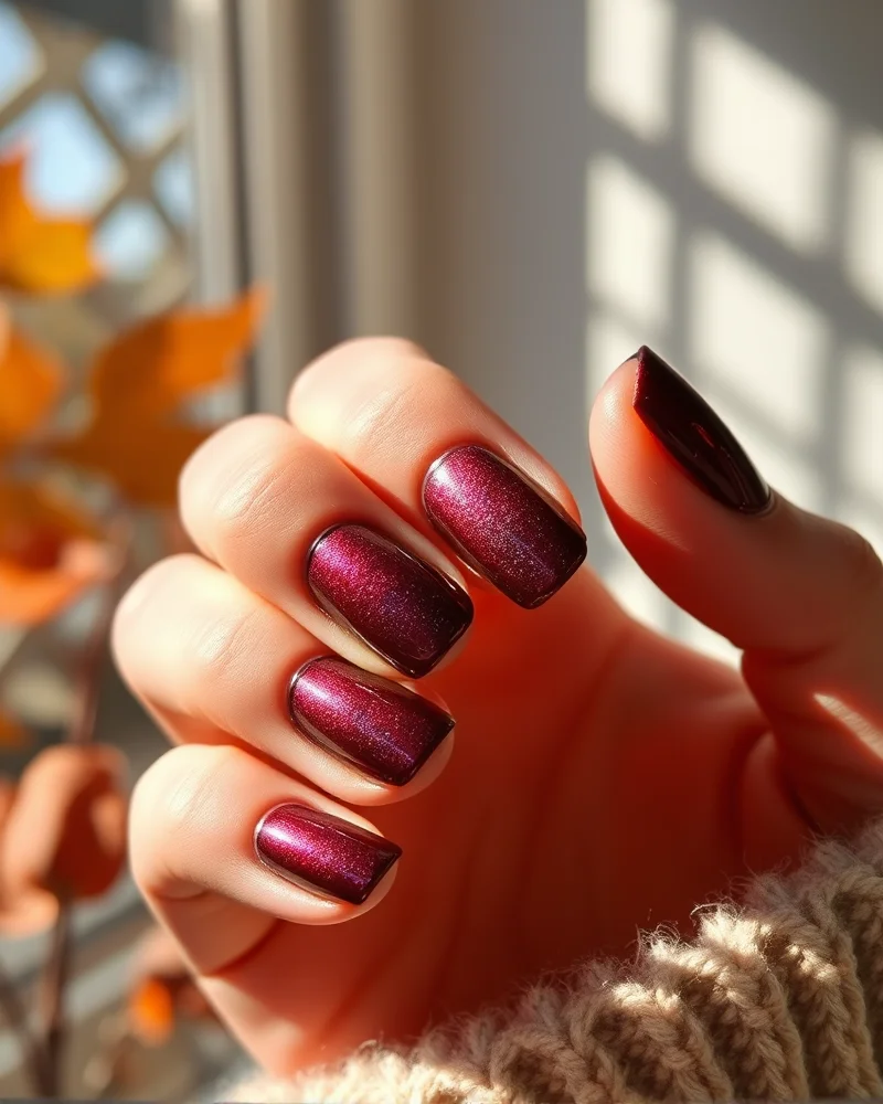 Fall Themed Nails Simple 5 Close up of deep burgundy nails with a glazed donut chrome finish for a sophisticated fall manicure.