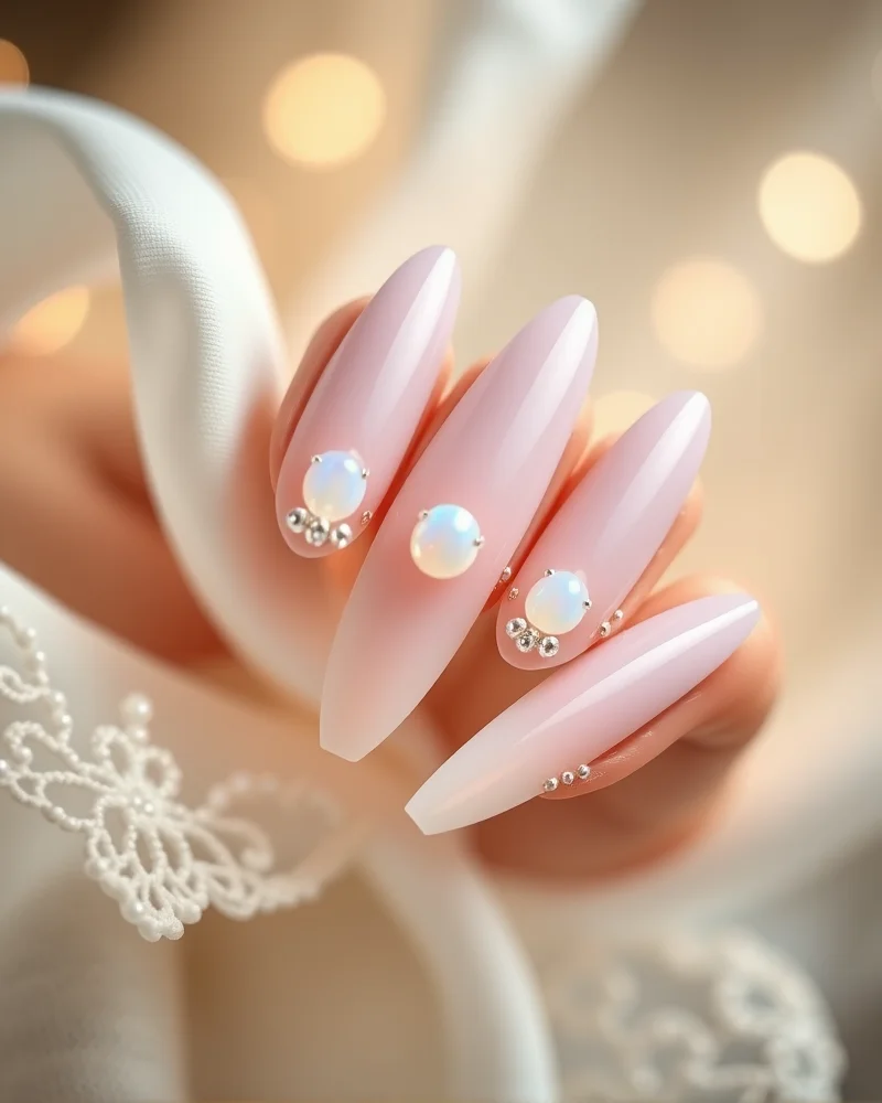 Close up of an elegant bridal manicure featuring sheer pink polish, white opals, pearls, and silver accents on almond shaped nails.