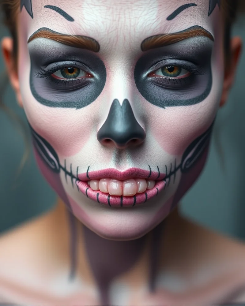 A close up view of professional spooky cute skull makeup featuring detailed grey scale contouring and delicate precision line work on a model's face.