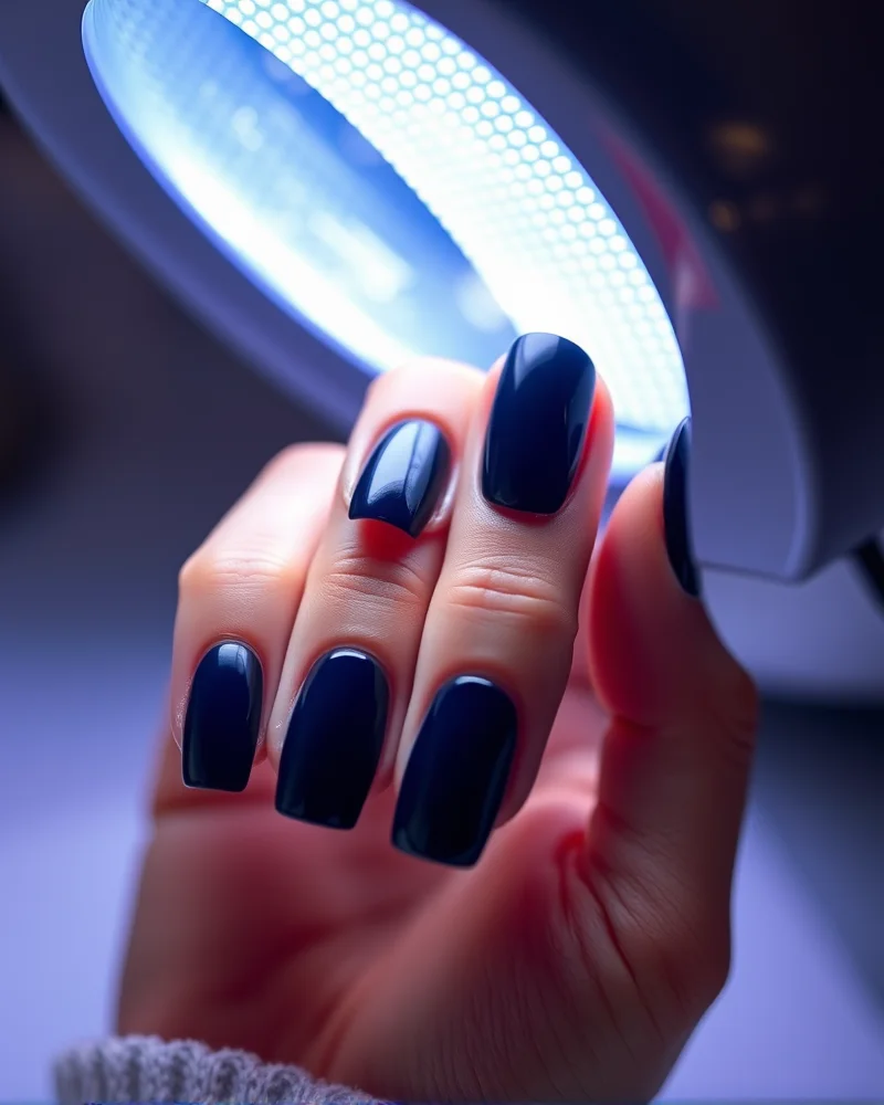 Fall Gel Nails 5 Professional curing process for dark navy blue fall gel nails under a UV lamp.