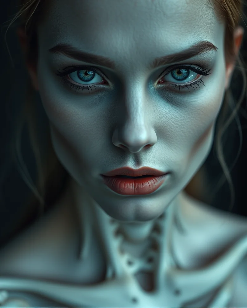 Close-up of cool-toned grey contouring on porcelain skin for a ghostly makeup look.