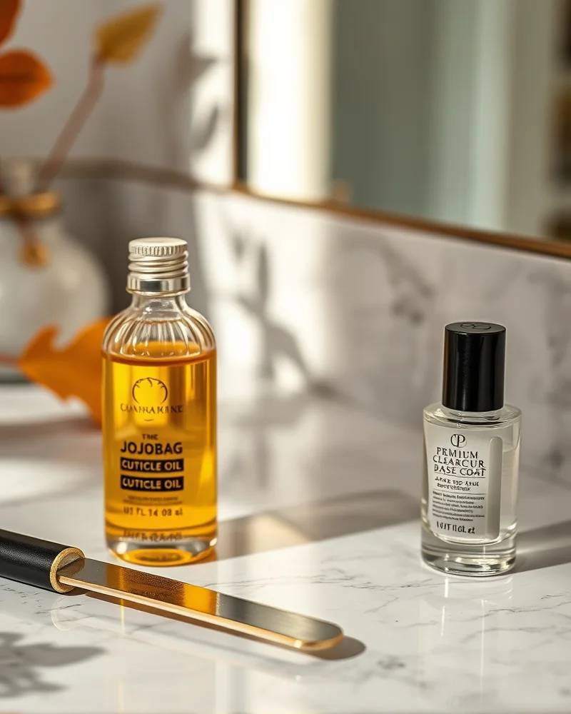 Classy Fall Nails 6 Professional nail care tools including jojoba cuticle oil and base coat for autumn nail health.