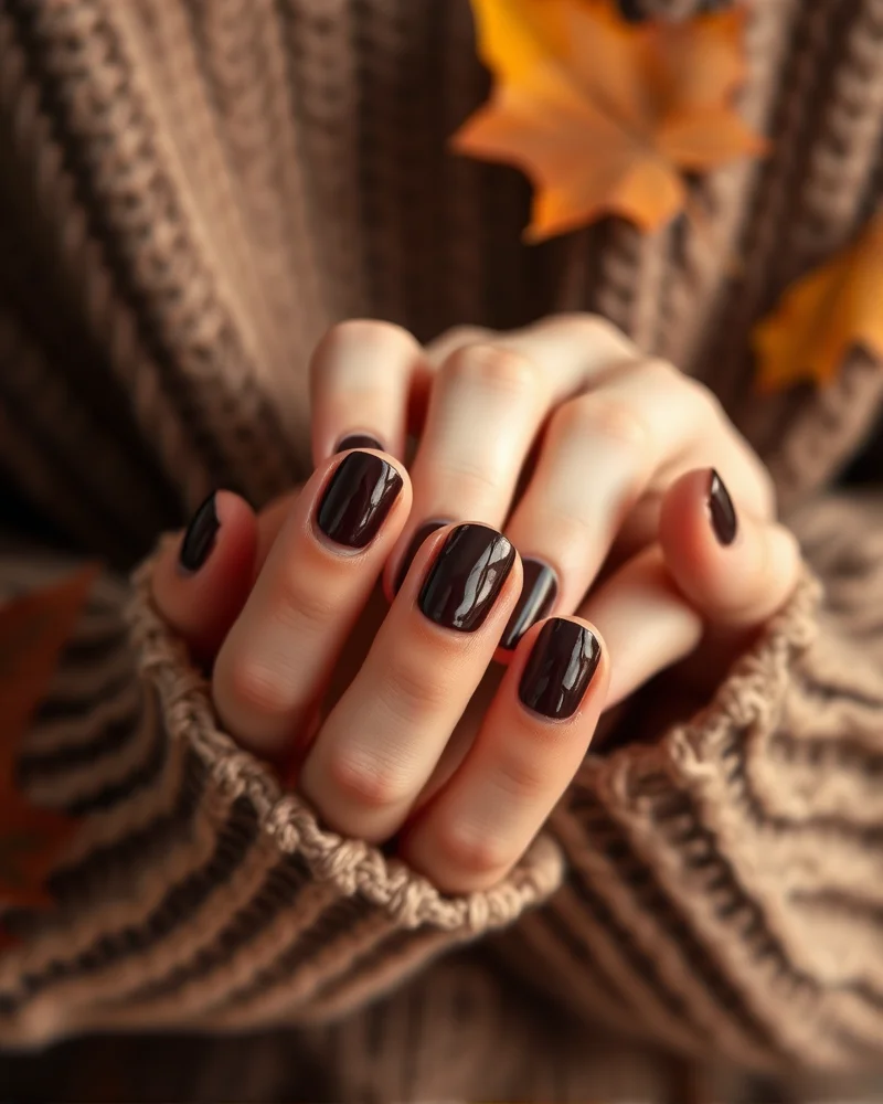 Cute Nails for Fall 6 Close up of elegant Chocolate French manicure with deep brown tips for autumn style.