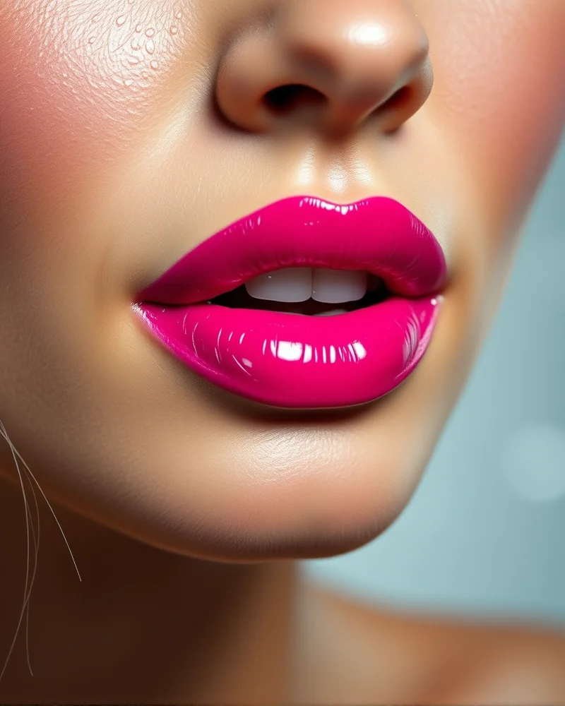Dolly Parton Makeup 6 Close-up of a vibrant hot pink lip color with a high-shine finish, styled in a classic Dolly Parton over-lined pout.