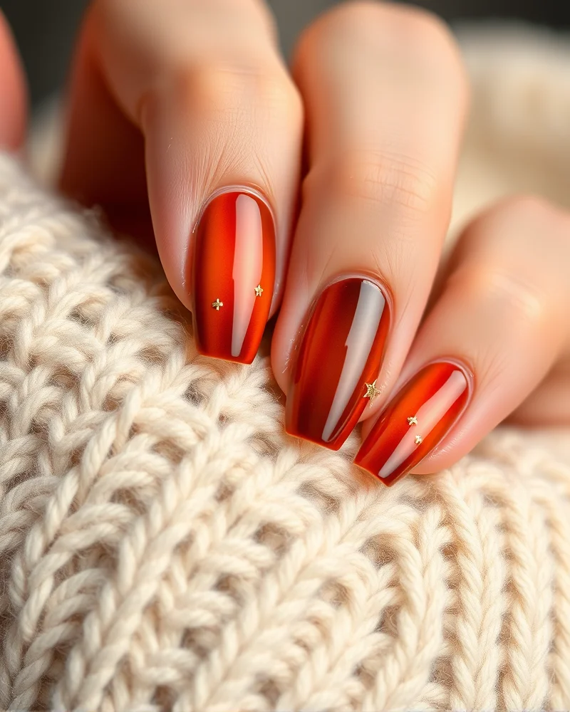 Fall Aura Nails 6 Hybrid autumn aura nail design featuring an orange and brown gradient with gold chrome accents and 3D star charms.