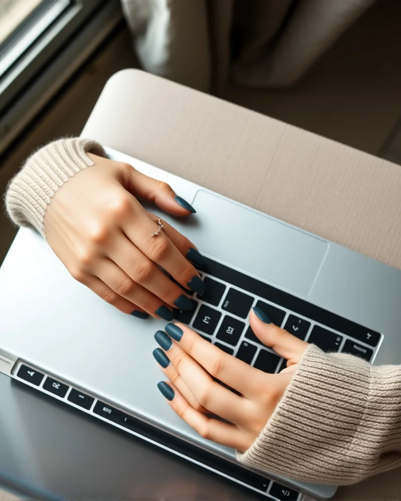 Minimalist manicure featuring short almond nails painted in a sophisticated slate blue, worn with professional office attire.