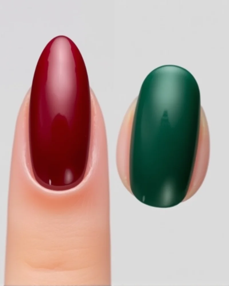 Comparison of glossy and matte finish almond nails in deep autumn colors