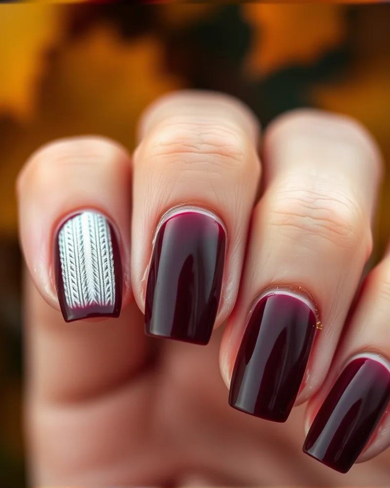 A sophisticated fall french manicure featuring burgundy tips, a sweater pattern accent nail, and gold leaf details.