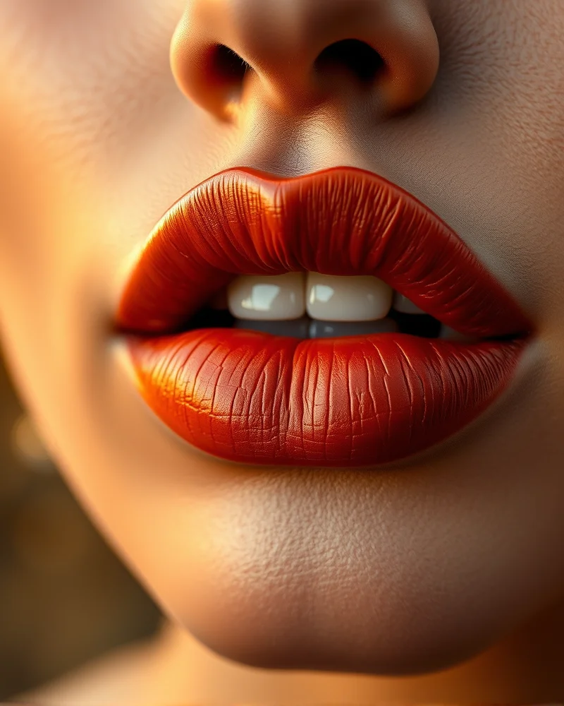Close up of lips wearing a pumpkin spice inspired terracotta lipstick with a deep brown lip liner, showcasing a professional MLBB autumn makeup aesthetic.