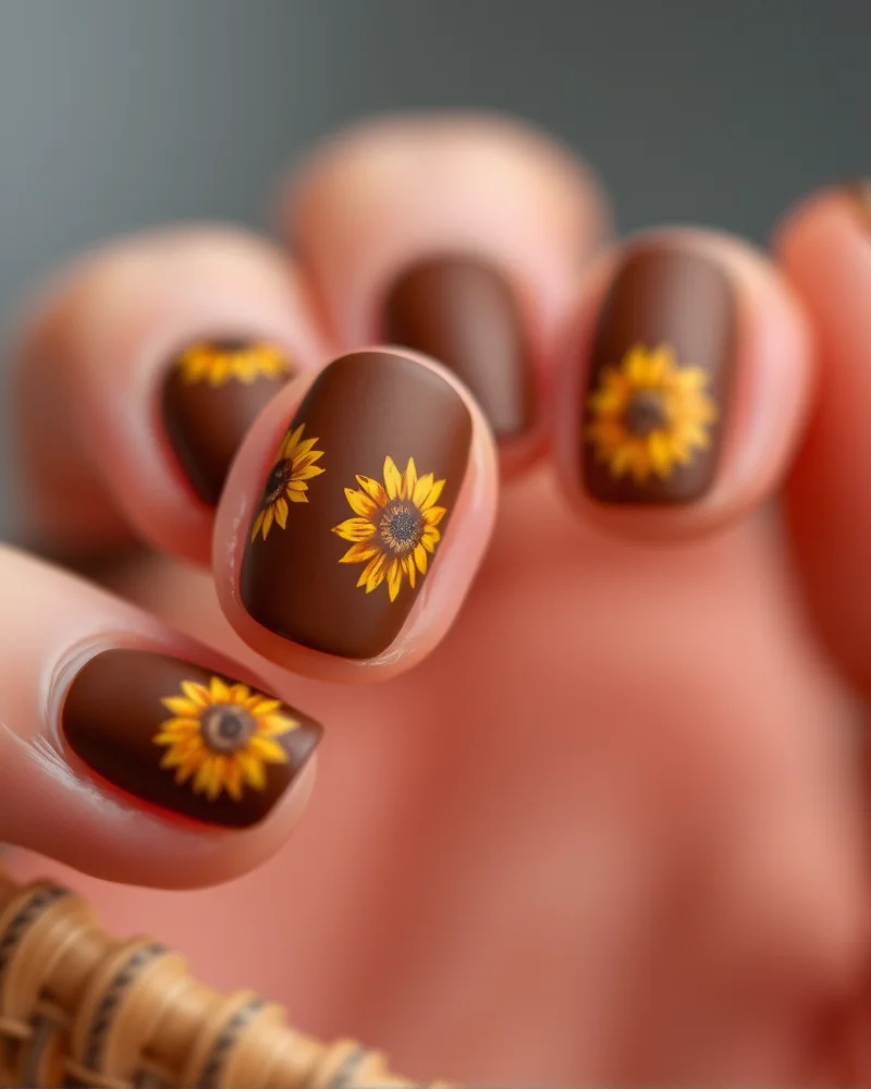 Fall Sunflower Nails 6 Close up of autumn sunflower nail art on a chocolate milk brown base coat with a matte finish.