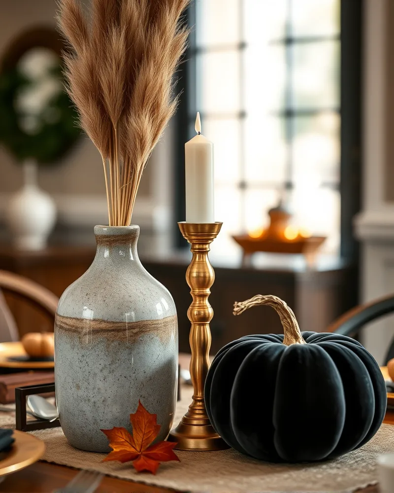 A balanced fall centerpiece arranged according to the Rule of Three with varying heights and textures on a dining table.