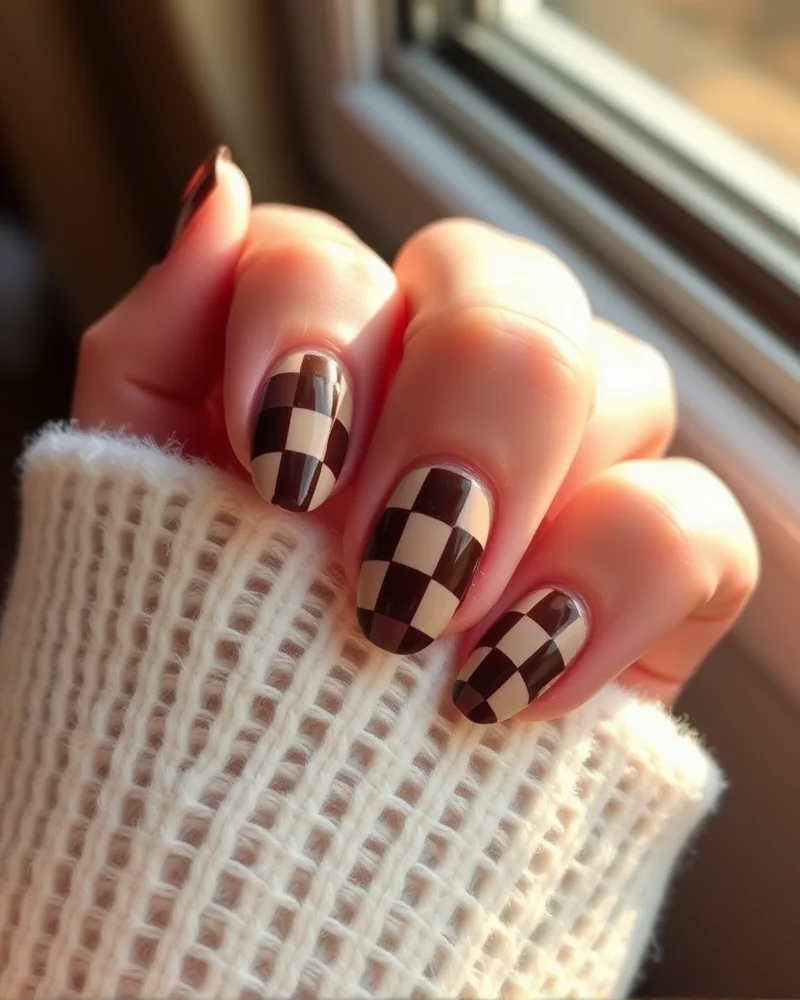 Fall Checkered Nails 5 Negative space fall checkered nail art featuring brown and beige squares on almond shaped nails with visible natural nail beds.