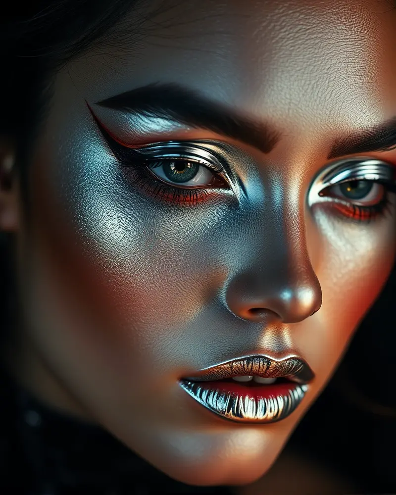 Close up of professional Halloween makeup featuring chrome powder detailing and high adhesion cosmetic products for a long lasting metallic finish.