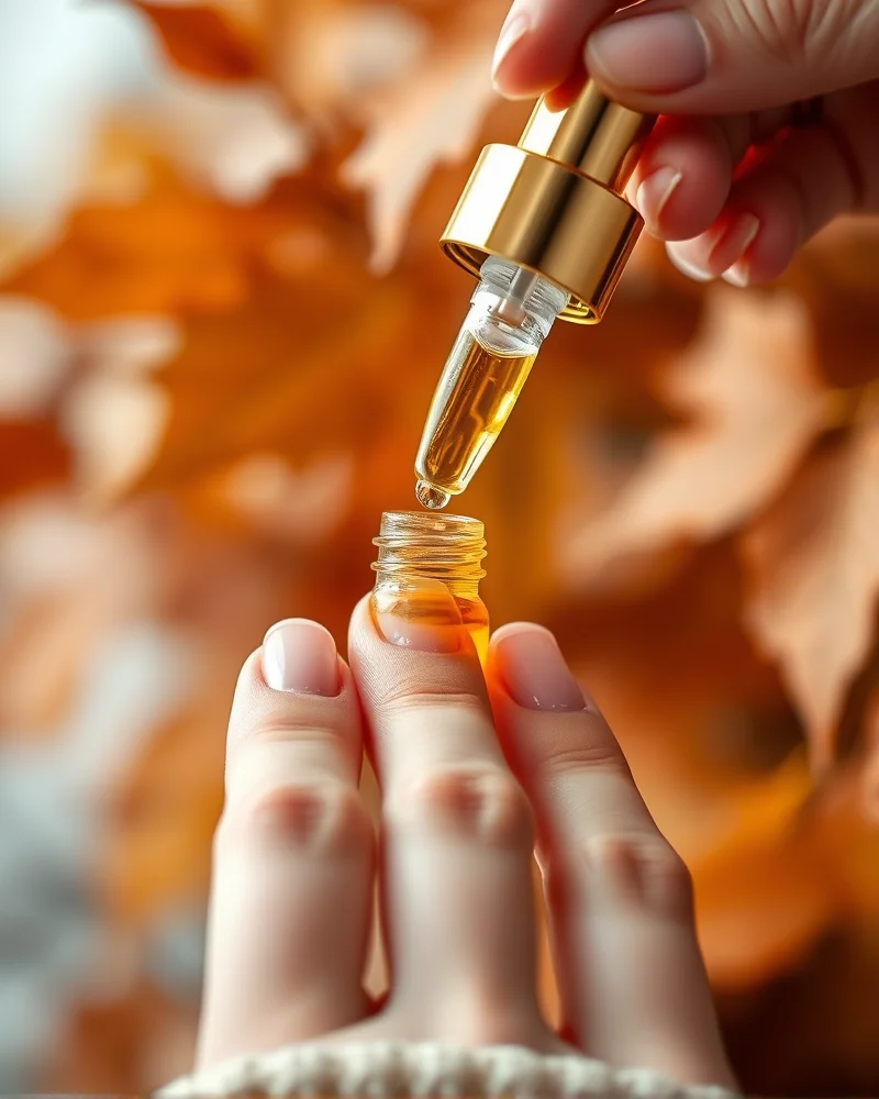Early September Nails 6 Close up of a hand applying cuticle oil to keep nails healthy during early September weather transition.