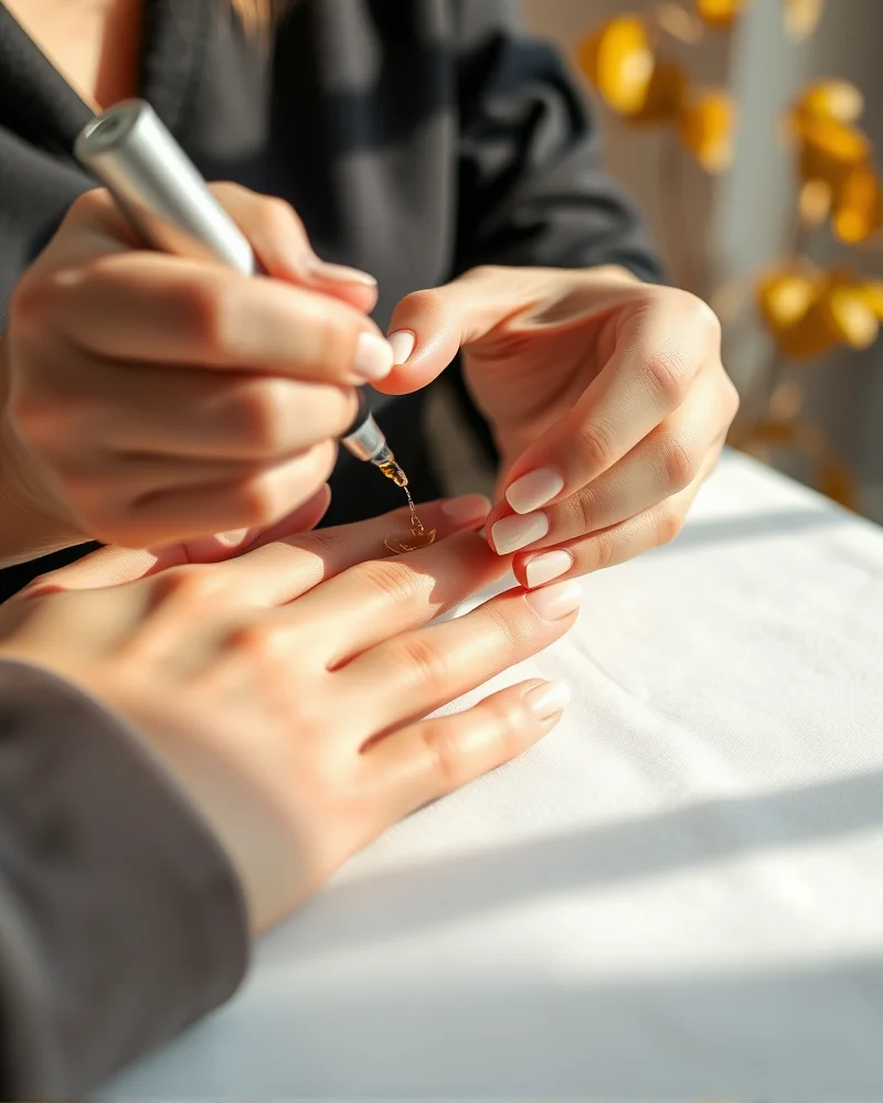 Fall Nails September 6 A professional manicurist applying nourishing cuticle oil to promote nail health during the autumn season.