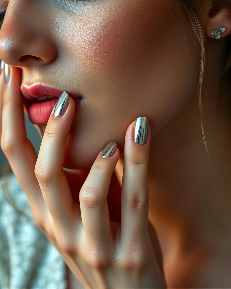 Hoco Makeup Inspo 5 Close-up of elegant chrome nails coordinated with soft glam homecoming makeup