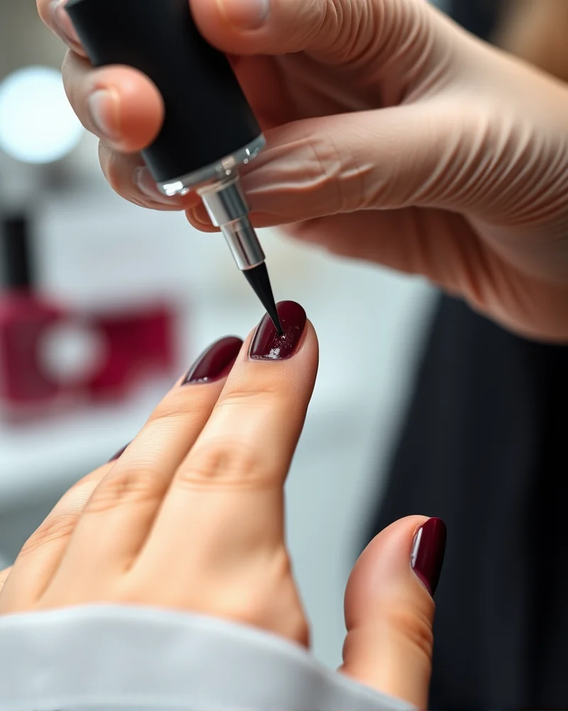 Professional nail technician applying a top coat to seal a dark fall manicure for long-lasting wear.