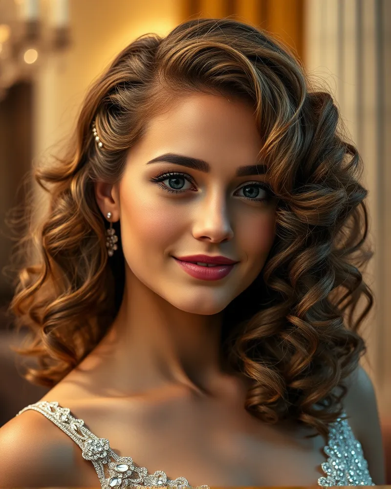 Close up of curly homecoming hairstyle decorated with gold hair cuffs and crystal accessories.