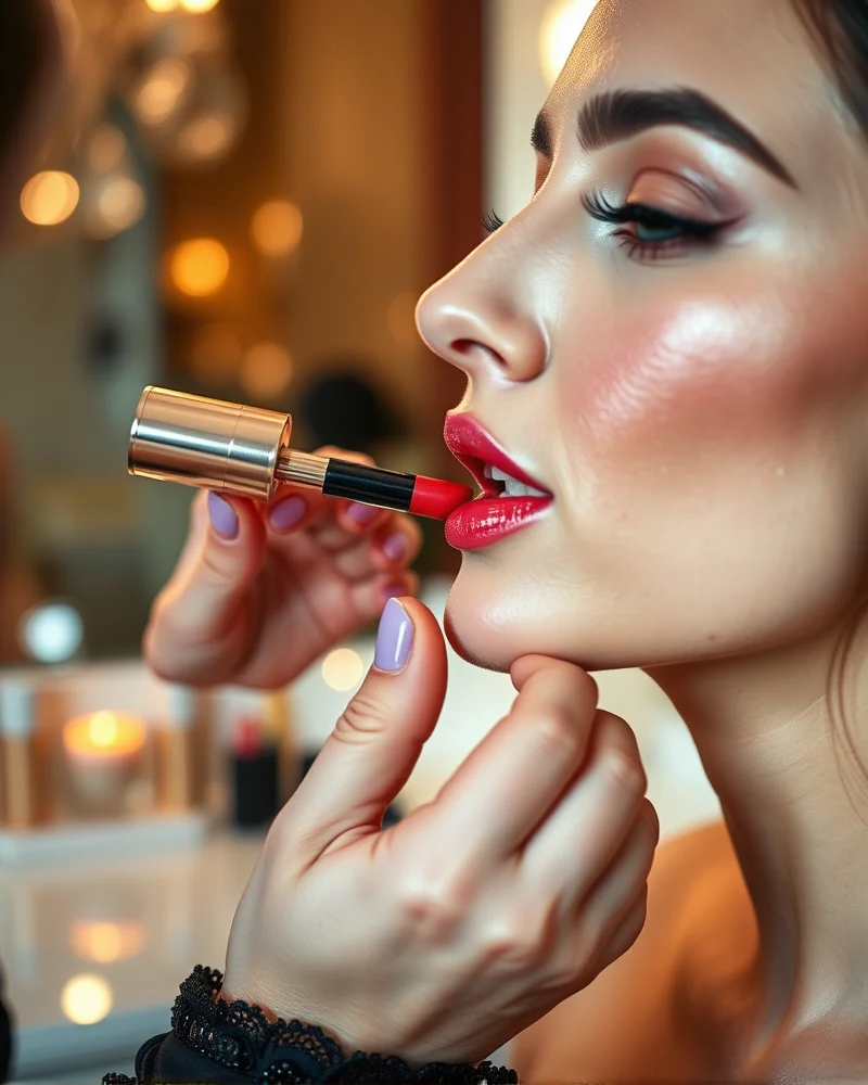 A professional makeup artist applying transfer-proof liquid lipstick for a long-lasting homecoming makeup look.
