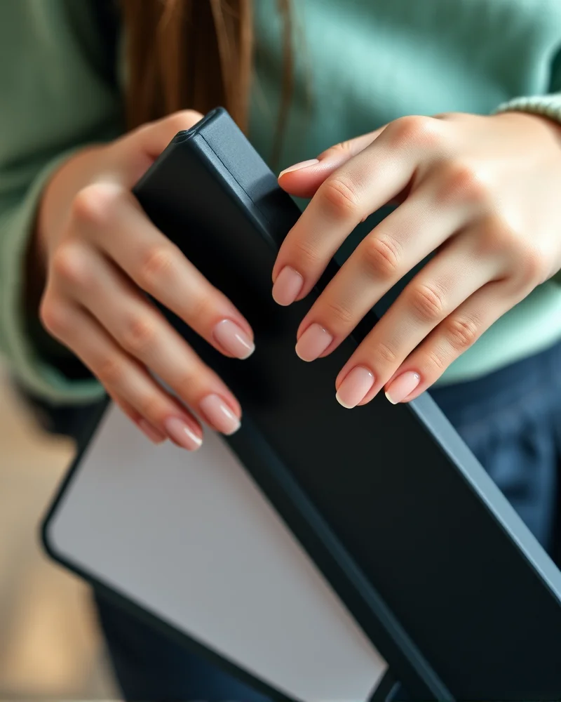 Teenager with clean, healthy, glazed donut nails holding a textbook for back to school preparation.