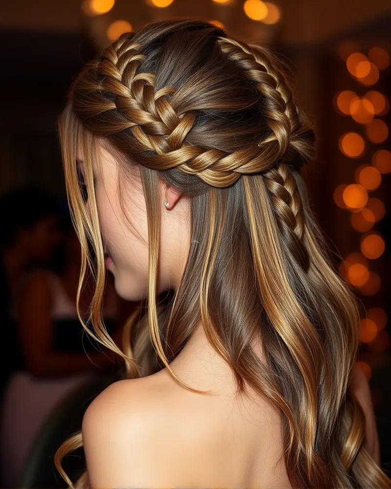 A close up of a young woman's elegant half up half down Hoco hairstyle, featuring intricate braided hairstyles. A central Dutch braid provides volume, complemented by side fishtail braids and delicate waterfall braids that frame her face. The braids are 'pancaked' for a soft, voluminous look, showcasing detailed hair weaving perfect for a boho braids aesthetic. Small jeweled hairpins are subtly placed within the braids.