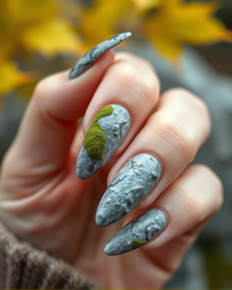 Close-up of nails featuring 3D-molded biological textures resembling forest moss and volcanic stone for Fall 2026.