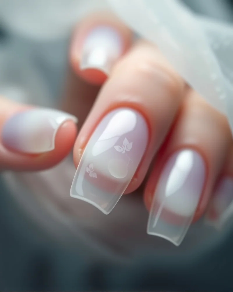 Trendy Halloween Nails 6 A close up view of trendy Halloween ghost core jelly nails featuring translucent, fog like layers of grey and white gel polish with a high gloss finish.