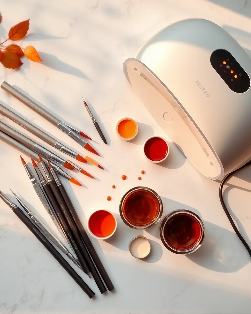 Fall Pumpkin Nail Designs 6 Professional DIY nail art kit featuring high-pigment gel liners, fine precision brushes, and stainless steel dotting tools arranged for a pumpkin nail design tutorial.