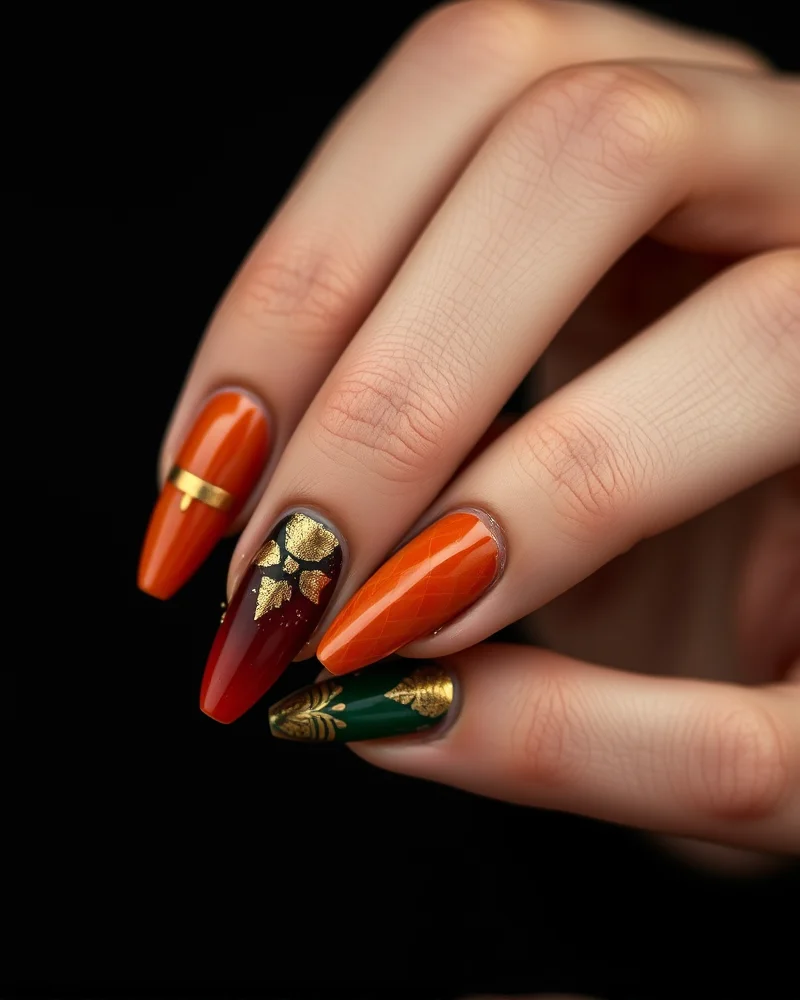 A professional fall chaos manicure featuring mismatched patterns and cohesive gold metallic accents on short almond shaped nails.