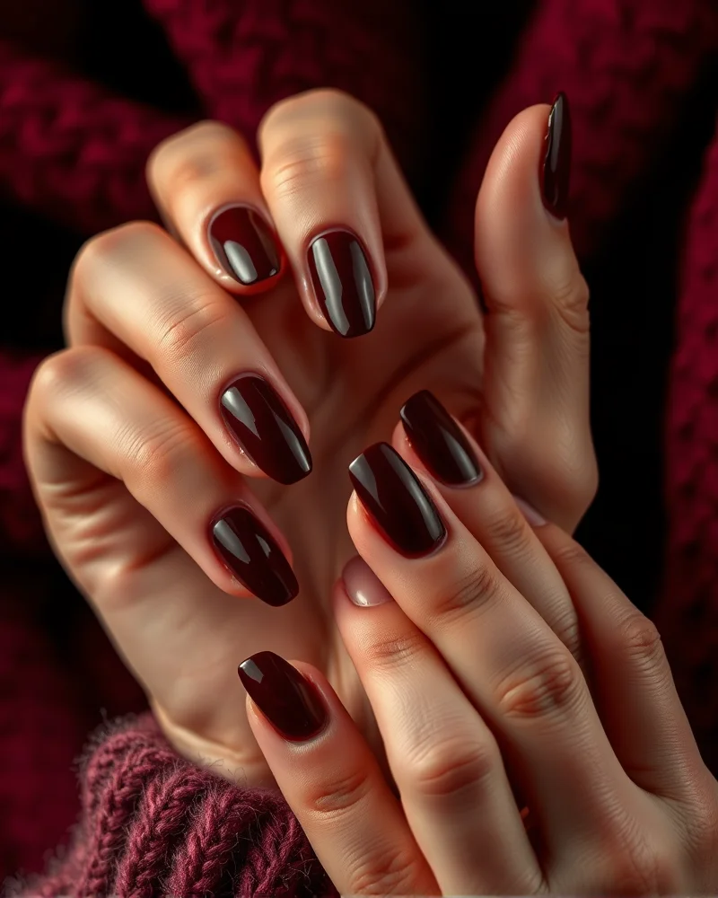 Fall Nails Red Burgundy 6 A close-up aesthetic shot of various nail shapes including almond, stiletto, and square, all painted in a deep, glossy burgundy fall nail polish color.
