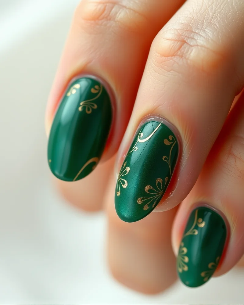 Close-up of elegant autumn cat eye nail design featuring magnetic green polish, 3D embossed gold art, and a sophisticated matte topcoat finish.