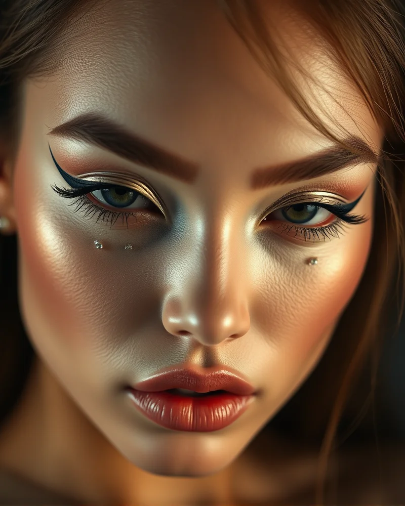 High fashion editorial bunny makeup look featuring graphic eyeliner and crystal embellishments.