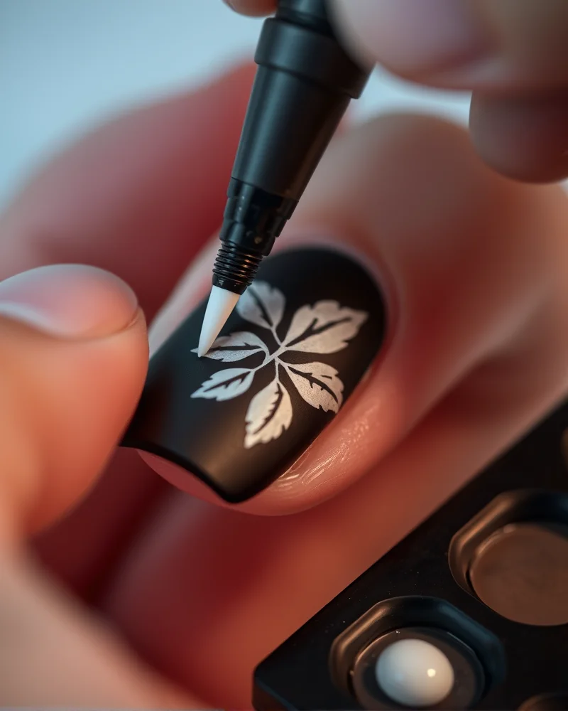 Professional manicurist using a white gel liner to create chalkboard art on a matte black manicure