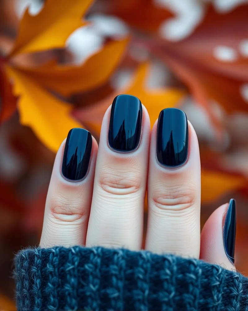 Close up of elegant fall 2026 obsidian and midnight blue nail polish colors