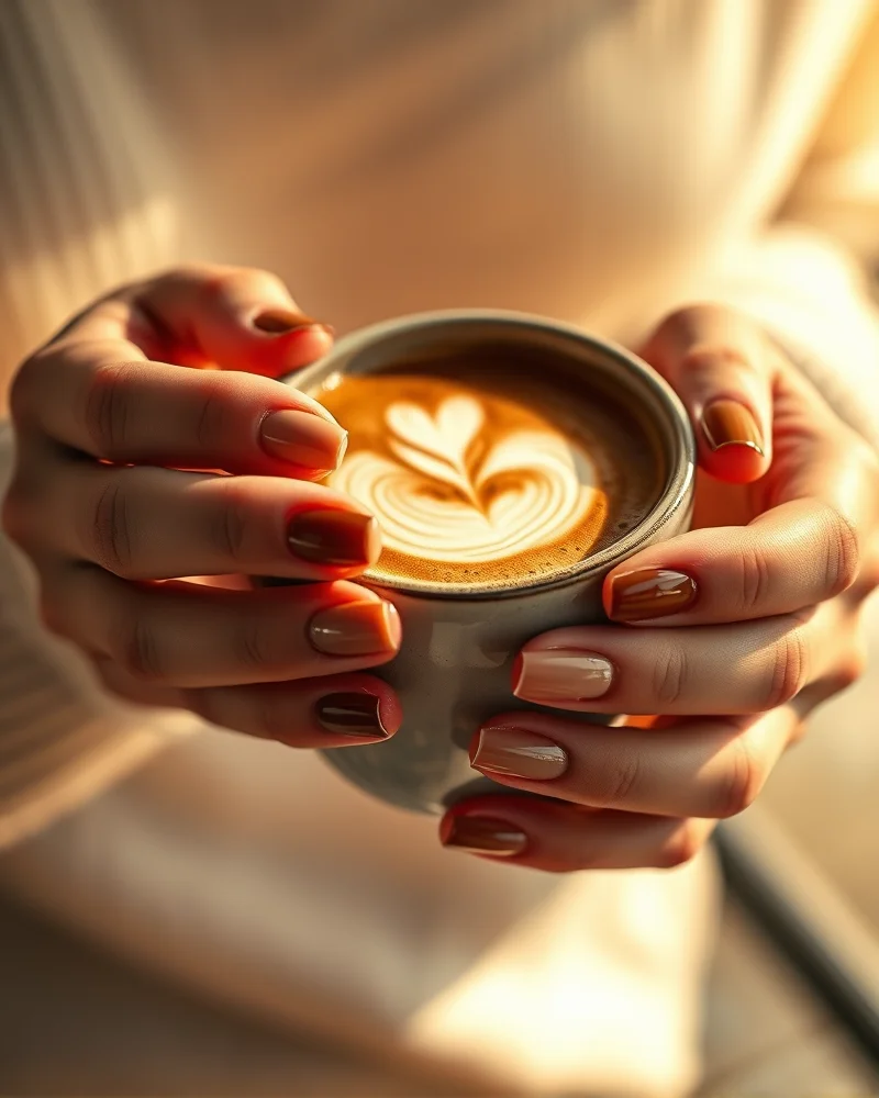 Close up of elegant Latte Nails featuring translucent mocha and caramel nail polish tones in a seamless seasonal transition gradient.