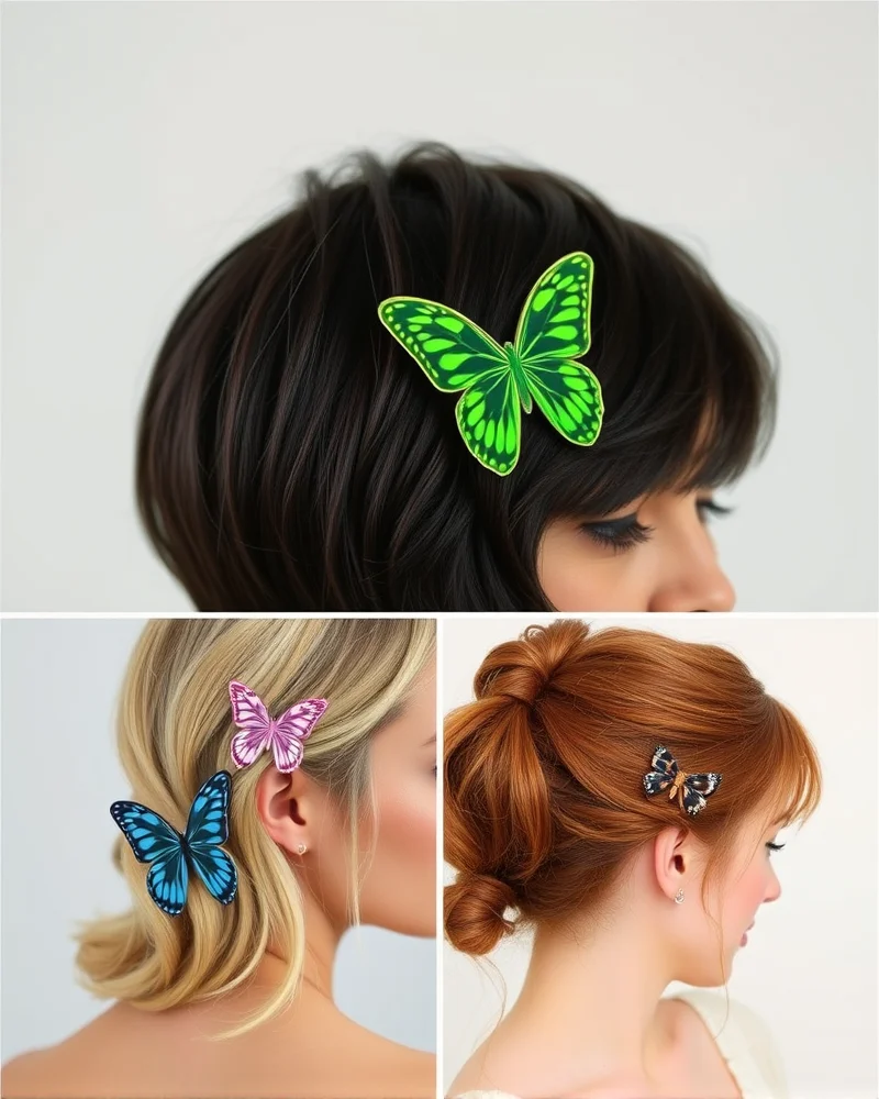 A collage showing different hair colors styled with coordinating butterfly clip color palettes for short hair.