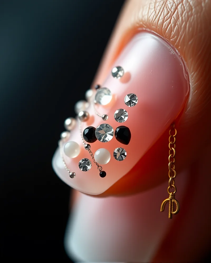 Close up of a 3D nail art design featuring a mix of crystals, metal studs, and chains for a textured look