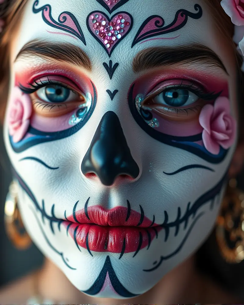 A beautiful example of kawaii skull makeup featuring floral accents and heart details for a cute spooky look.