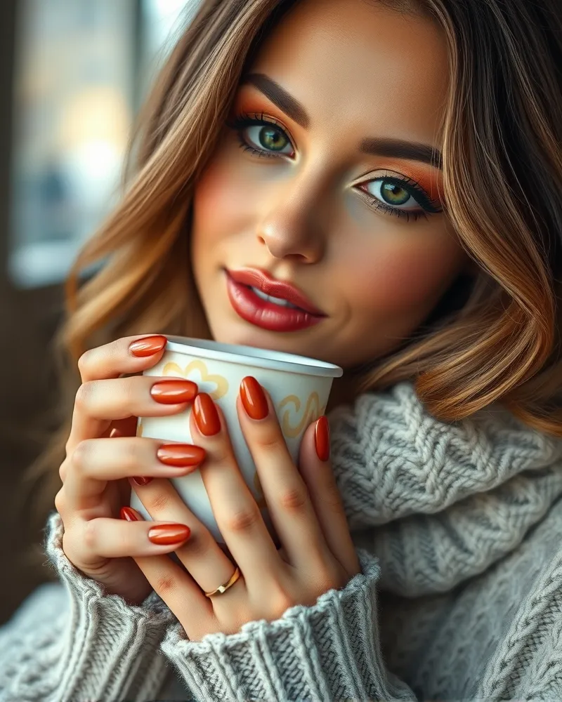Pumpkin spice latte makeup look paired with coordinated autumn nail polish shades and almond shaped nails.