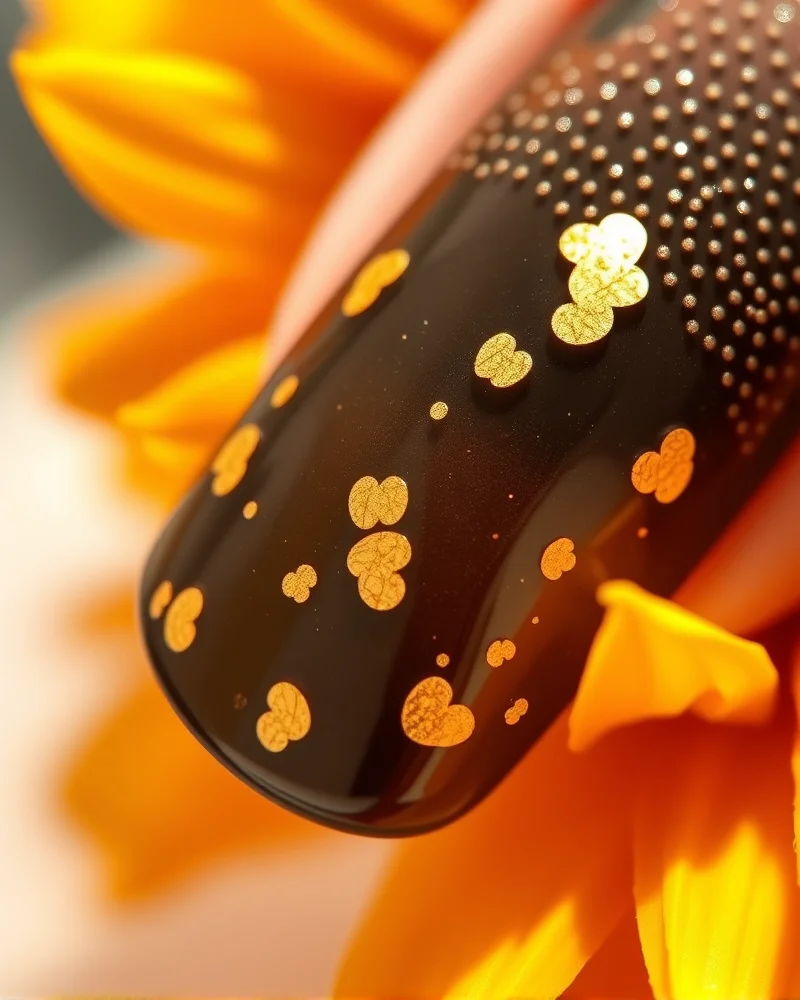Fall Sunflower Nails 7 Close-up of fall sunflower nails featuring 3D builder gel texture and gold leaf accents.