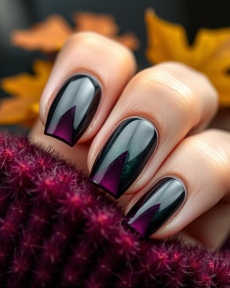 Fall Nails September 7 Close-up of velvet magnetic nails with 3D embossed art for fall