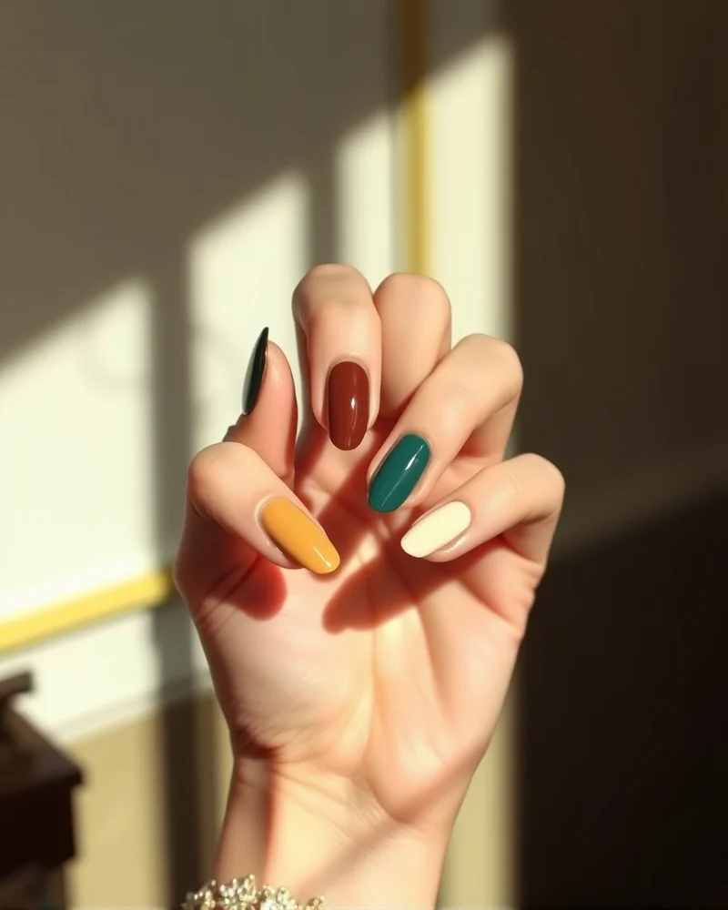 Fall nail art featuring a color-blocked design with brown, cream, and gold accents
