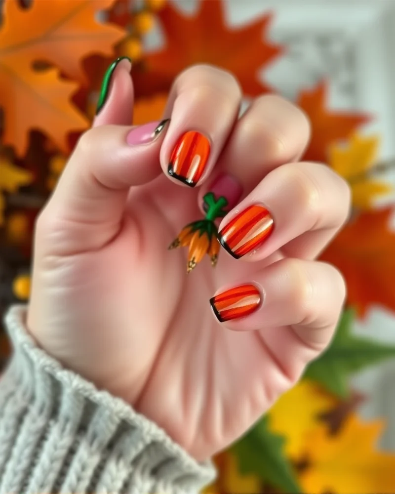 Fall Pumpkin Nail Designs 7 Step-by-step close up of a professional pumpkin nail art design featuring clear highlights and realistic stem details.