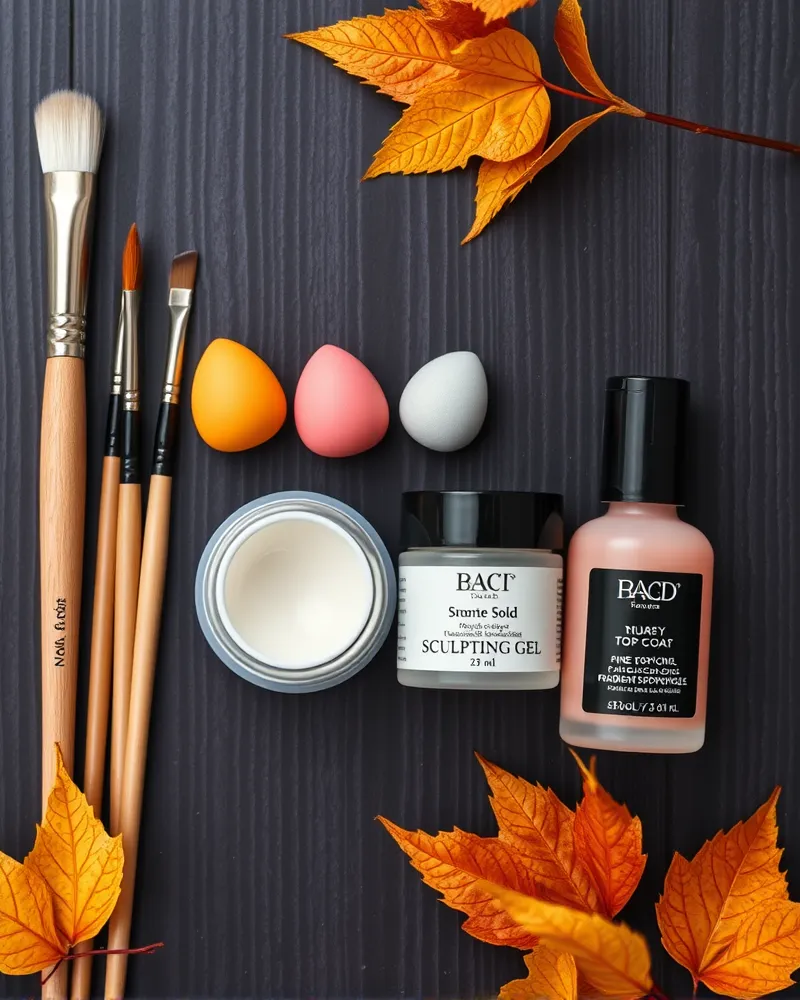 Professional nail art tools including brushes and gels for fall nail designs