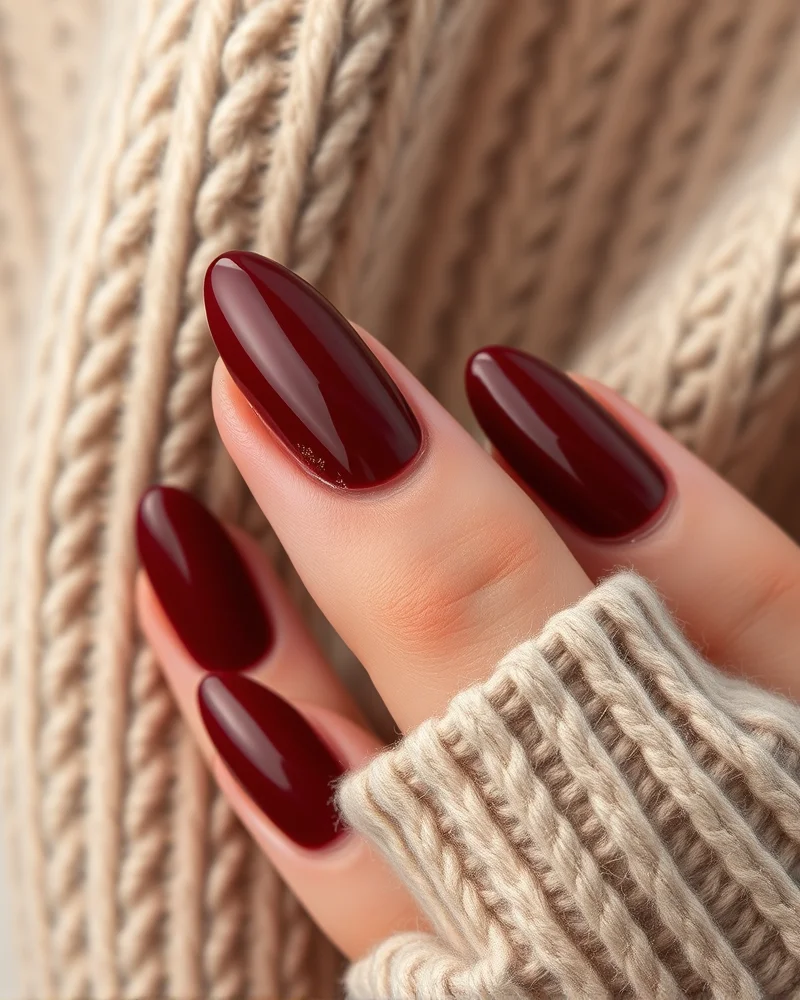 Fall Nails Red Burgundy 7 Minimalist burgundy manicure featuring delicate gold leaf accents for a quiet luxury look.
