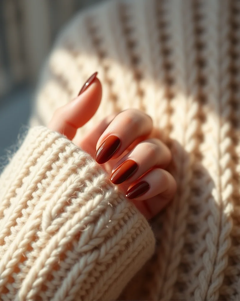 Early September Nails 7 Soft almond shaped nails painted in a glossy espresso brown color, resting on a cozy cream-colored knit sweater, representing the perfect autumn nail shape transition.
