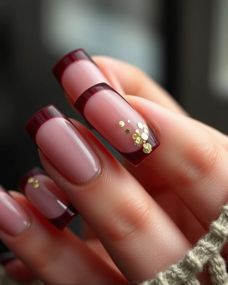 September Nails Square 7 Modern square nails for Fall 2024 featuring oxblood red French tips and minimal gold leaf accents on a clean, professional manicure.