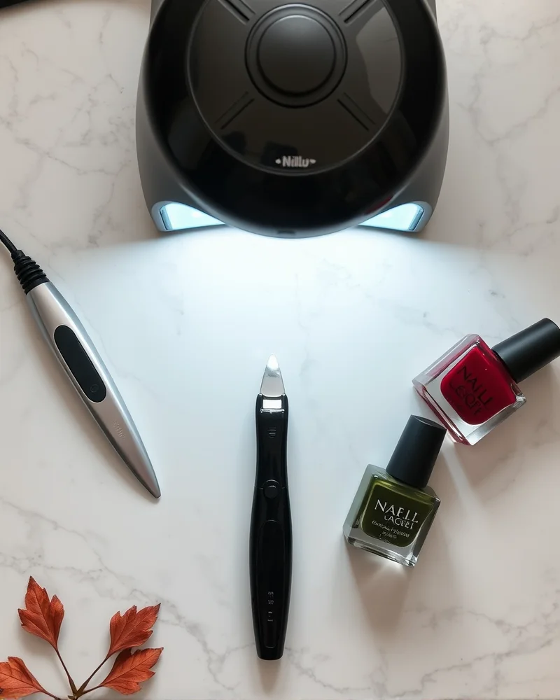 Professional DIY nail care station featuring an electric e-file, LED UV lamp, and autumn-themed gel polish bottles for high-quality home manicures.