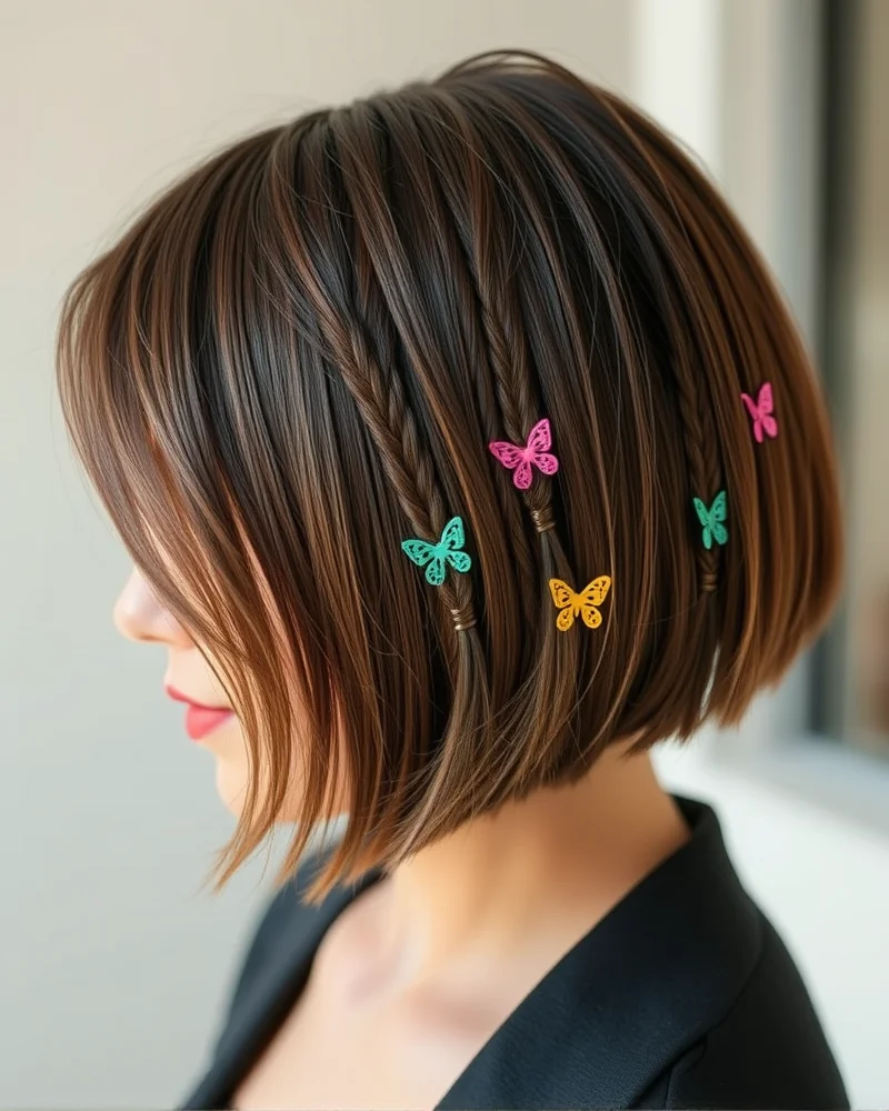 Close up of short hair styled with small accent braids secured by butterfly clips.