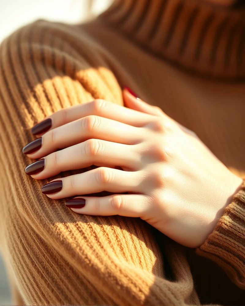 Fall Nail Colors 2026 6 A woman wearing a camel cashmere sweater with deep burgundy nails in a minimalist, luxury fashion photography style for fall 2026.